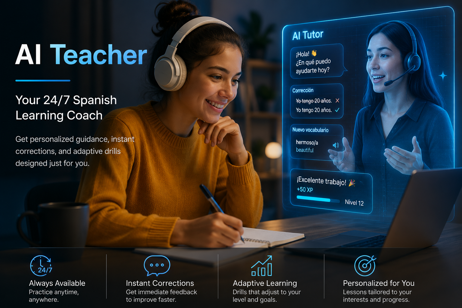 Student practicing Spanish with the AI tutor